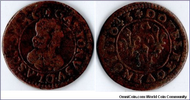 copper double tournois of Dombes dated 1643. Obverse: Bust of Gaston D'Orleans (aka Gaston De Dombes).