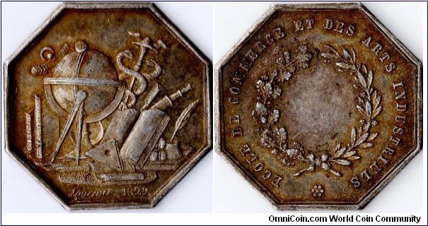 silver jeton minted for the `Ecole de Commerce et Des Arts Industriels', an educational institute set up in Paris in 1829. This piece was however struck at some time between 1845 -60.