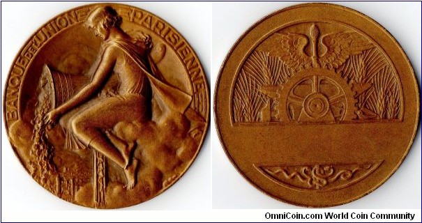 Bronze medal struck for the `Banque de L'Union Parisienne' circa 1957. Engraver: Bazor