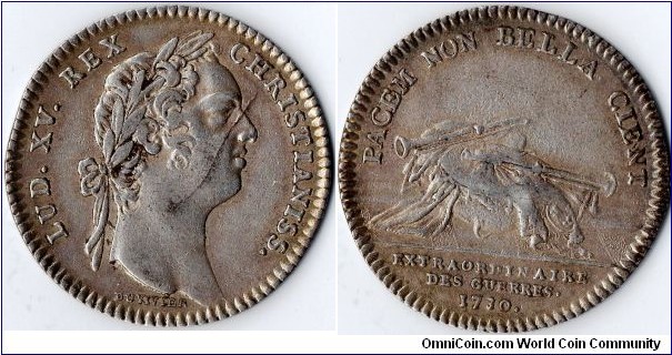nice example of a split obverse die on this silver jeton dated 1730, minted for the Extraordinaires des Guerres