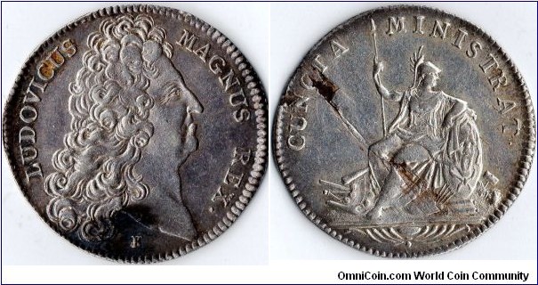silver jeton struck for Louis XIV general administrations.Although known to exist in silver, it is not cited in the main references for jetons in this metal