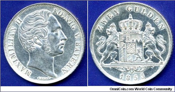 Doppelgulden (2 Gulden).
Kingdom of Bavaria.
Maximilian II (1848-1864), von Bayern.
Mintage 634,000 units.


Ag900f. 21,21gr.