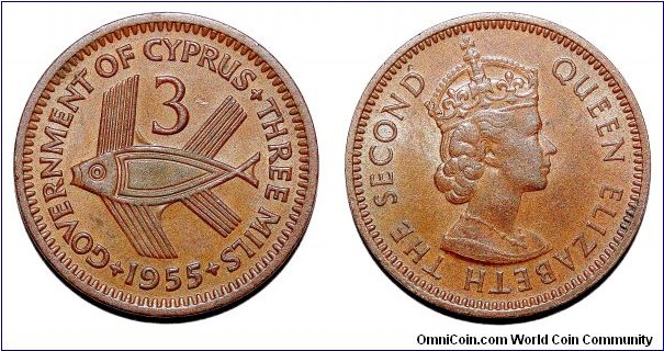 CYPRUS (COLONIAL)~3 Mils 1955. Under British sovereignty.