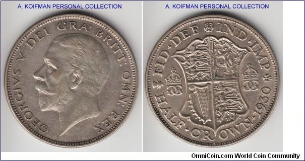 KM-835, 1930 Great Britain 1/2 crown; silver, reeded edge; scarce mintage, good very fine specimen.