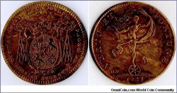 A jeton issued in 1730 for Joseph Alphons de valbelle, the Bishop of St Omer (a town in the Artois region of France). The reverse is from an earlier die and depicts Fortuna on her wheel of fortune, and dated 1723. Not commonly found in such a high grade.