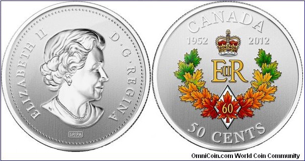 Canada, 50 cents, 2012 The Queen's Diamond Jubilee Emblem for Canada, Silver Plated Coloured Coin