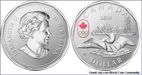 Canada, 1 dollar, 2014 Lucky Loonie,  Fine Silver Coin, Features the Canadian Olympic Team logo in colour