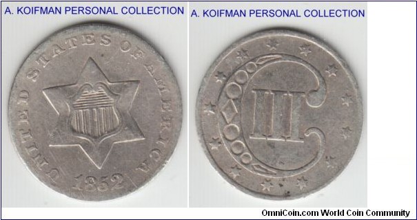 KM-75, 1852 United States of America 3 cents; silver, plain edge; unusual coin, average circulation grade.