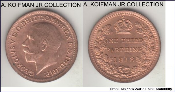 KM-823, 1913 Great Britain 1/3 farthing; bronze, plain edge; George V, issued for colonial use with smaller mintage, red uncirculated.
