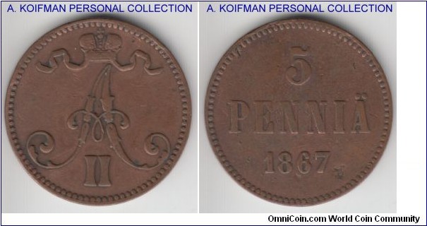 KM-4.1, 1867 Finland (Grand Duchy) 5 pennia; copper, plain edge; cleaned good fine to very fine.