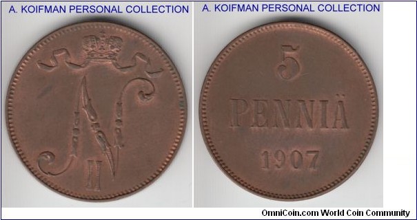 KM-15, 1907 Finland (Grand Duchy) 5 pennia; copper, plain edge; nice still reddish about almost uncirculated, scarcer year.
