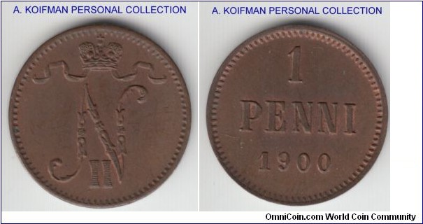 KM-13, 1900 Finland (Grand Duchy) penni; copper, plain edge; brown uncirculated.