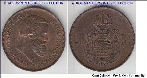 KM-474, 1869 Brazil Empire 20 reis; bronze, plain edge; uncirculated, some red still showing up from under toning.