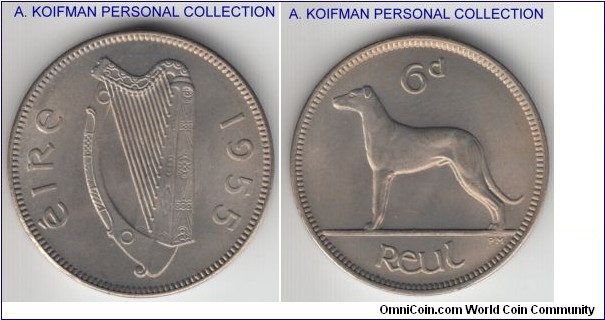KM-13a, 1955 Ireland 6 pence; copper nickel, plain edge; brillian uncirculated, very nice coin.