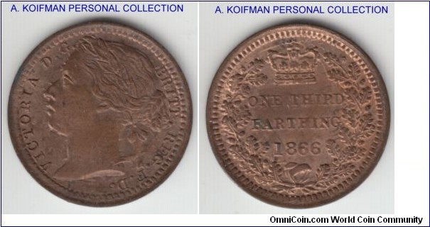KM-750, 1866 Great Britain 1/3 farthing; bronze, plain edge; some red still showing, nice brown toning over most of the coin, uncirculated 