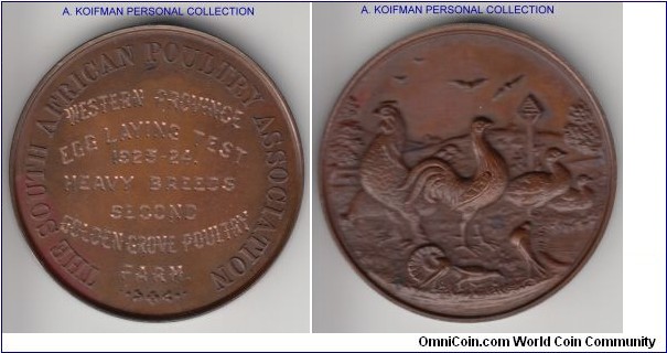 1923-1924 South African Poultry Association second place medal for egg laying test, Western Province, presented to Golden Grove Poultry farm; bronze, plain edge, high relief; nice unusual medal.