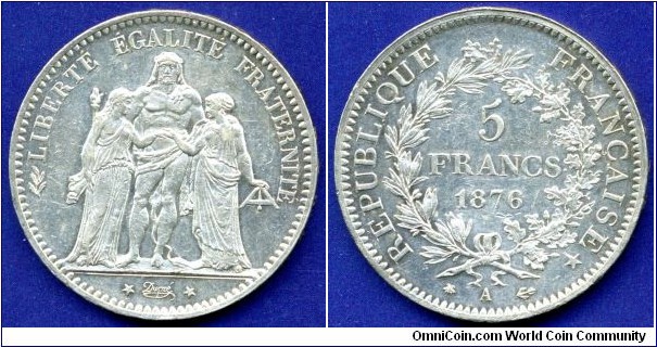5 Francs.
Republique Francaise.
*A* - Paris mint.
Mintage 8,800,000 units.


Ag900f. 25,0gr.