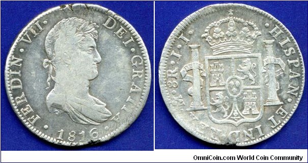 8 Reales.
Ferdinand VII (1808-1821).
Spanish colony.
Mexico mint.


Ag896f. 27,0674gr.