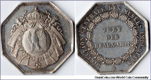 silver jeton issued for the `Jury des Beaux Arts' part of the over all management wing of the French Imperial Museums, during the time of Louis Napoleon (Napoleon III)