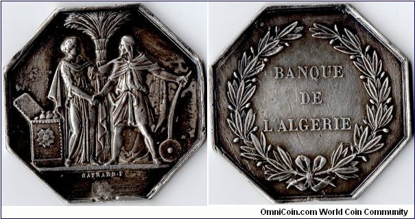 scarcer silver jeton struck for the Banque de L'Algerie, a bank set up to develop commerce in this one time French colony. Some moinor damage at the exergue but otherwise a nice verycollectable example.