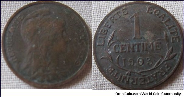 1903 1 centime, mid grade