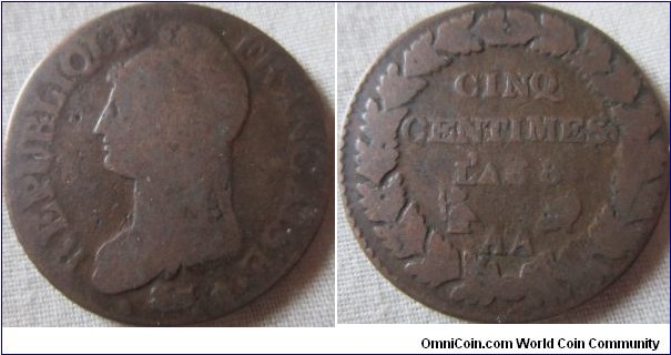 5 centimes L'an 8 1800 AA mintmark
