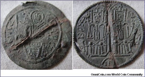 large thin flan copper coin, of Bela III, islamic and Byzantine influance in the design