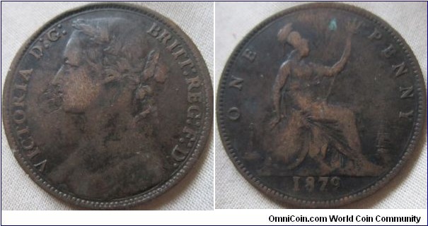 rare 1879 narrow date penny, in a Fine grade, verd spot on reverse but otherwise a very desireable coin