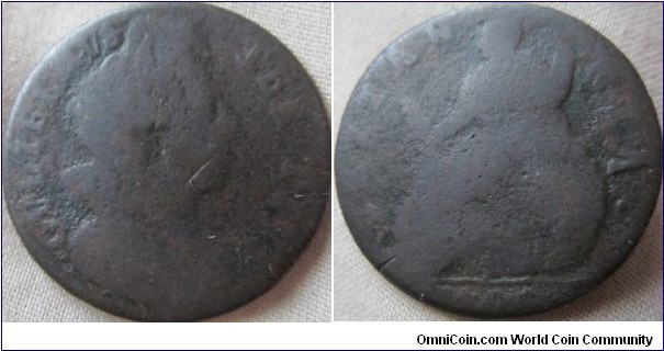 TER TIVS variety of the 1700 halfpenny, space between the lettering, again a rare coin, also in this die pairing are Unbarred A's in Britannia