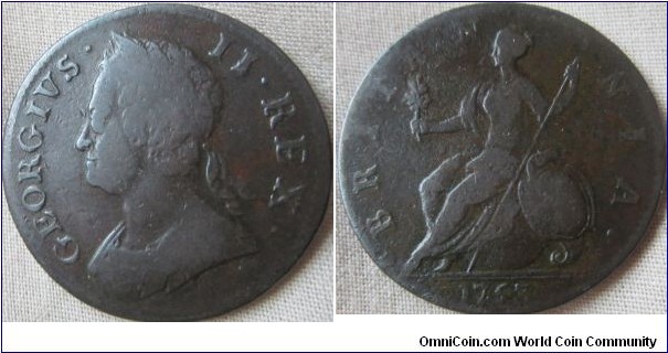 A very nice 1753 Halfpenny, in AF grade reverse abit more worn then the Obverse, as well as a very nice colour