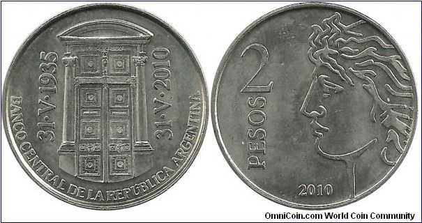 Argentina 2 Pesos 2010 - 75th year of the Central Bank of Argentina