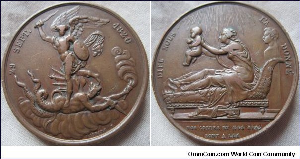a Beautiful fench medal by Raymond Gayrard  (1777-1858) celebrating the birth of the Medal issued by public subscription (on the initiative of Chateaubriand) commemorating the birth of the duc de Bordeaux.