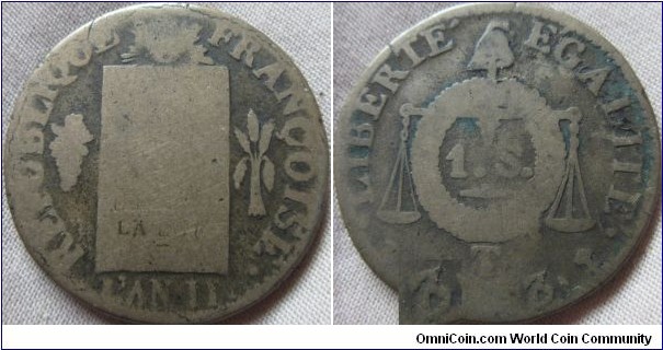 1793 2 sols, worn grade T mintmark (nantes) odd die error on the 3 in date, low grade but scarce
mintage 139,180