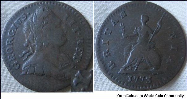 1773 farthing, possibly X over a differant letter