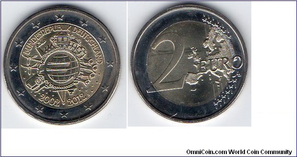 2 euro 
10 Years of Euro in Circulation 
I have all 5 mint marks