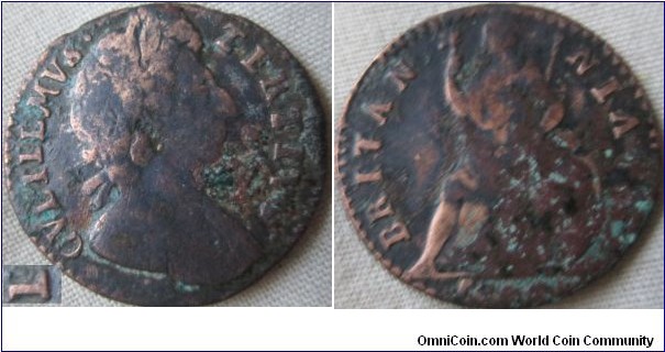 1700 farthing possibly GVLILLMVS hard to tell with the damage but little sign of an E.