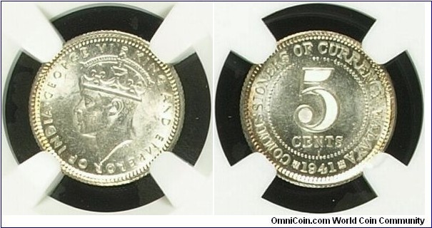 Malaya 5 Cents 1941I KM#3 MS63