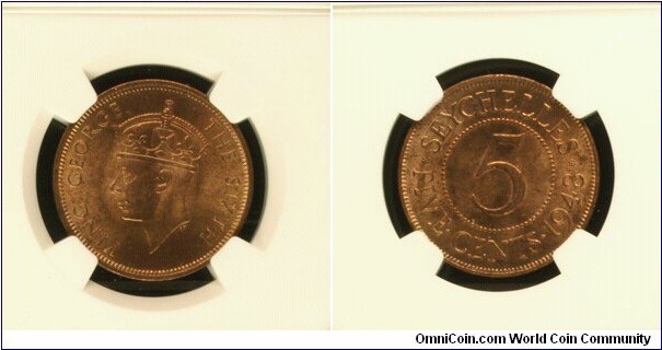 Seychelles 5 Cents 1948 KM#7 MS63RB