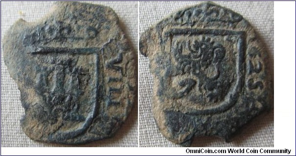 a Cob coin, cut from a coin dated 1625, no overstamps so clear detail of the orgional coin