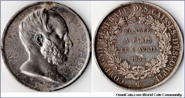 scarce silver jeton struck for a very short lived private bank and loss insurer. Obverse shows bust of founder who disappeared completely after being charged with fraud in 1858.