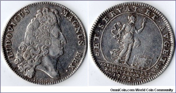 original example of a silver jeton struck in 1703 during the reign of Louis XIV and issued as a token of recompense to his personal bankers and brokers