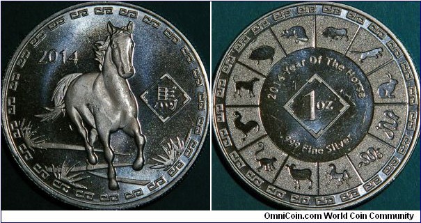 Year of the Horse generic round.  Chinese zodiac on reverse.  1 oz Ag, 39 mm.