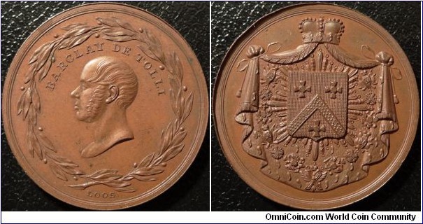 AE Medallion in Honor of Count Barclay De Tolli. A decorated general field marshal who commanded russian forces at the beginning of the Patriotic war of 1812. Berlin, 1815 Daniel Friedrich Loos.
