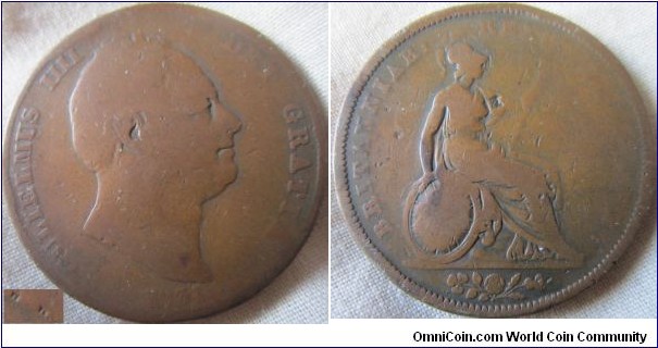 very worn 1831 penny with W.W(.?) on truncation, rare variaty