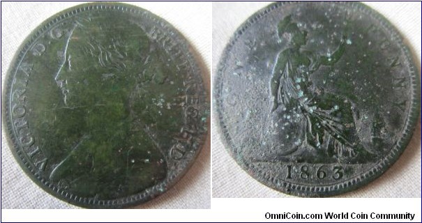 1863 penny, fairly good, detector find so some damage from that 