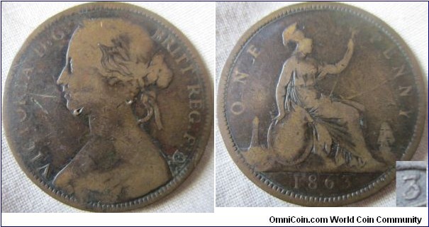 1863 penny, possibly 3 over 2.
