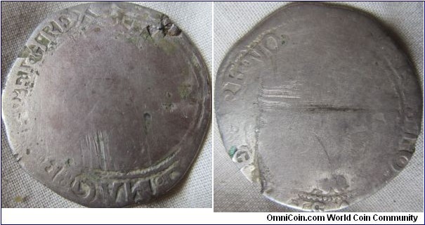 Charles I halfcrown very low grade, but datable by the remaining part of the shield at the bottom, as a group V