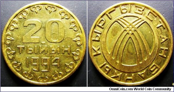 Kyrgyzstan 1994 20 tiyin pattern coin. Weight: 6.19g. 