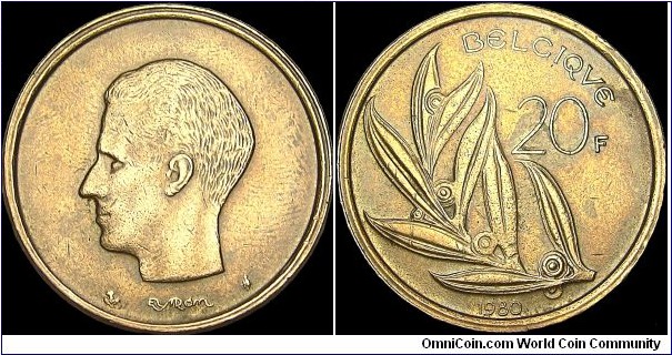 Belgium - 20 Francs - King Baudouin I (1948-1993) - Nickel-Bronze - Weight 8,63 gr - Size 25,65 mm - Thickness 2,27 mm - Coin alignment (180°) - Engraver Harry Elstrom - Mint Brussels-Belgium - Note/Legend in French 'BELGIQUE' - Edge : Gemetrical pattern (varieties in shape) whit horizontal brackets above and below - Mintage : 60 000 000 - Reference KM# 159 (1980-1983)