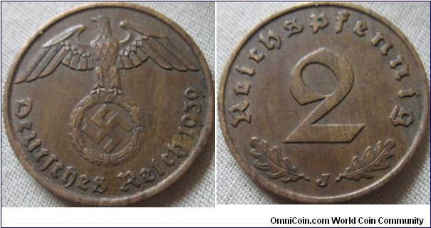 1939 J 2 reichspfennig VF grade